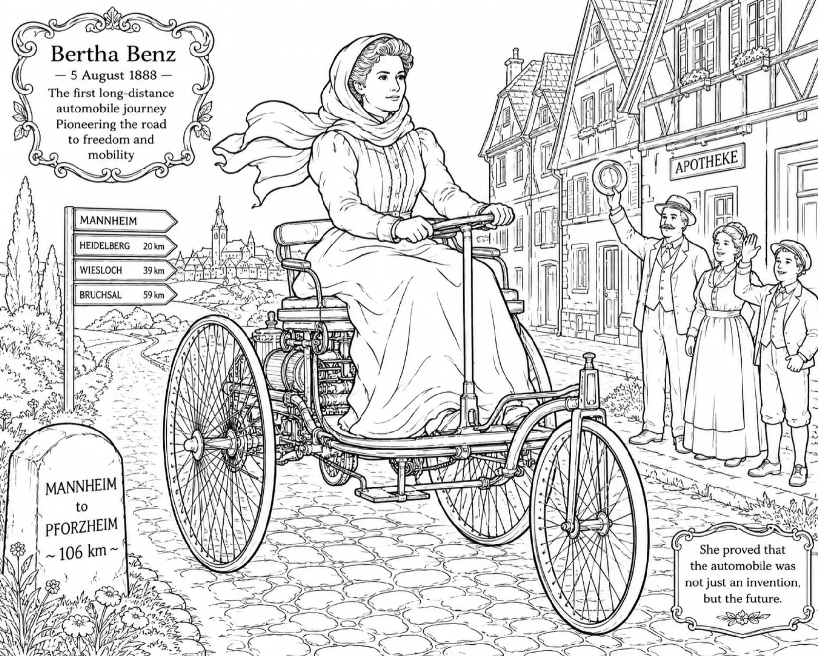 Bertha Benz and the Patent-Motorwagen coloring page
